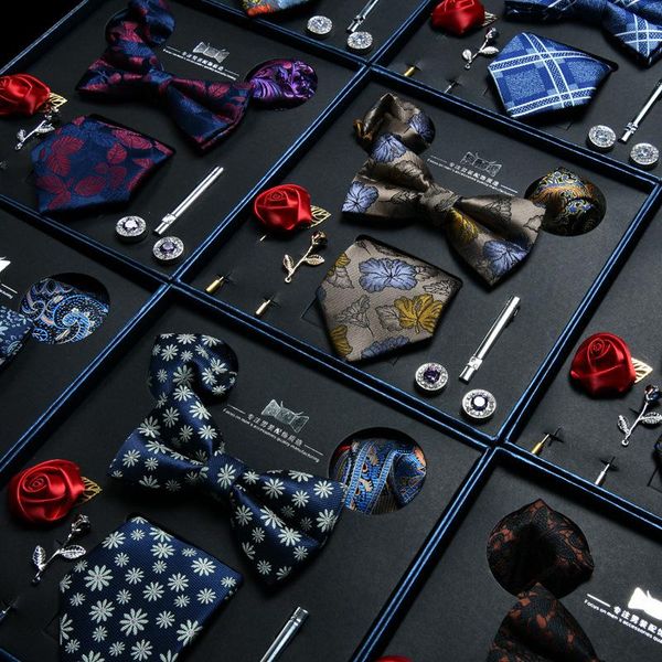 

bow ties 2021 men paisley necktie and pocket square tie cuffflink clip sets red brown pink gold gravatas, Black;gray