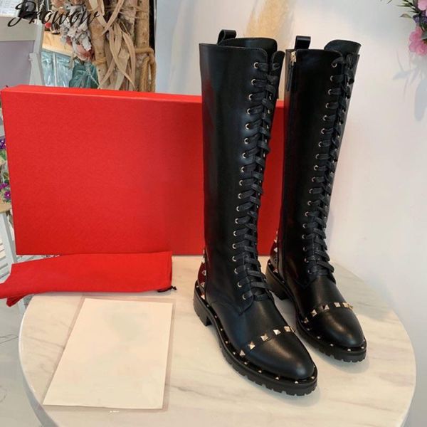 

boots prowow women's genuine leather studded design classic winter brand knee-high, Black
