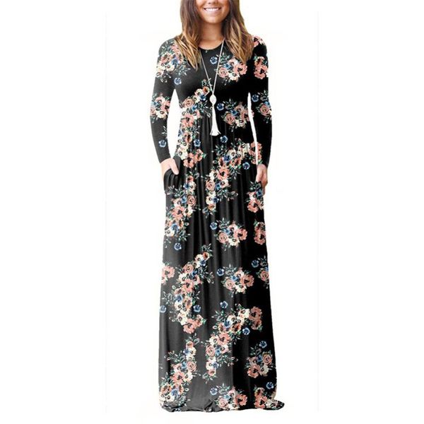 

women large boho white maxi long dress floral 2021 fall o neck size and print beach dresses sizes plus fit flare casual, Black;gray