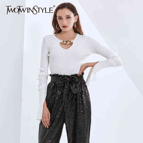 

slim patchwork chain knitted pullover for women v neck flare sleeve sweater female fashion clothing autumn 210524, White;black