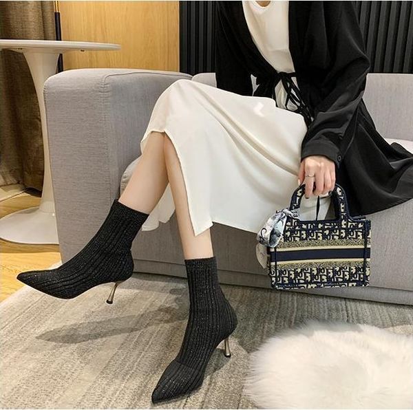 

boots elastic knit socks women autumn winter pointed toe thin heels ankle slim-flash bling fashion ladies shoes, Black