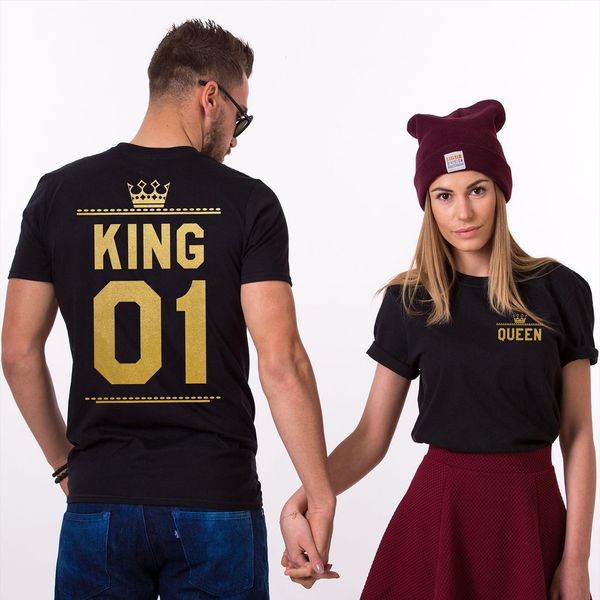 

king queen letter print womens loverst couple short sleeve o neck loose summer women man tee camisetas mujer, White