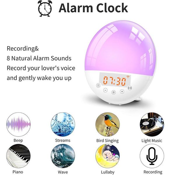 

smart home control wake up light alarm clock 6 colors bedside night with sunrise sunset simulation voice / app snooze function
