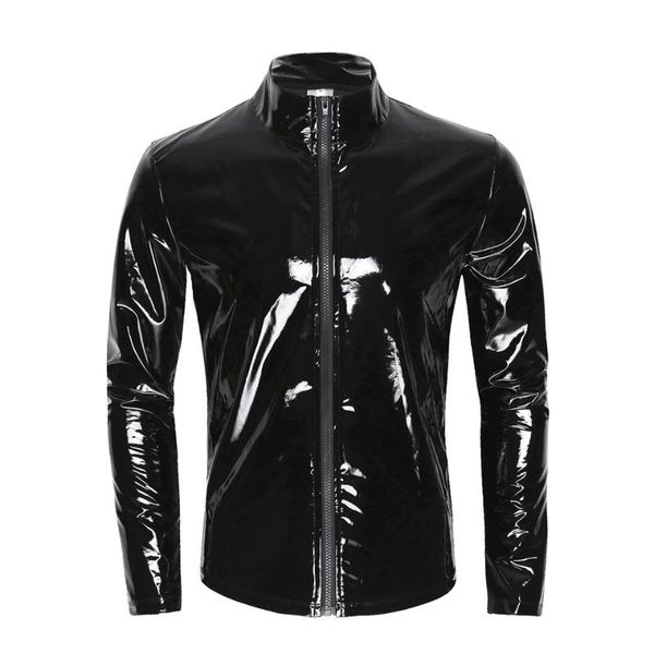 Mens sexy lustroso pvc camisa de couro masculino masculino brilho metálico patente jaqueta tops sexi erótico shaping bainha látex casaco casual