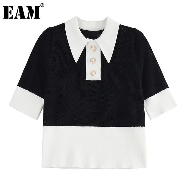 

women's t-shirt [eam] women black spliced casual knitting simple lapel half sleeve fashion tide spring autumn 2021 1dd7873, White