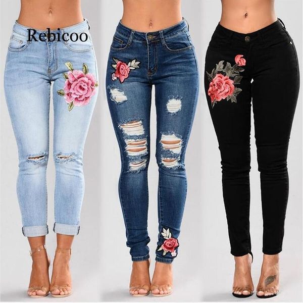

women's jeans stretch embroidered for women elastic flower female slim denim pants hole ripped rose pattern pantalon femme, Blue
