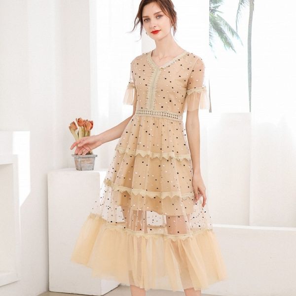 

arrival women lace dress summer khaki v-neck flare sleeve midi dress elegant patchwork cake casual dress ladies vestidos 210514, Black;gray