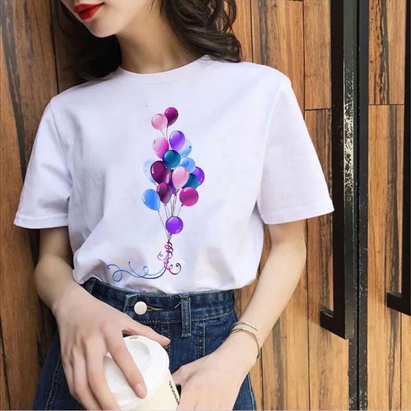 

aesthetic balloon print fashion men t shirts harajuku leisure summer lady short sleeve white o neck femme mujer, White;black