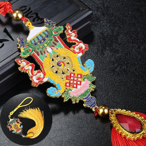 

red/yellow eight auspicious tibetan alloy metal car hanging decorations clearly pattern peace wealth symbol mascot decorative objects & figu