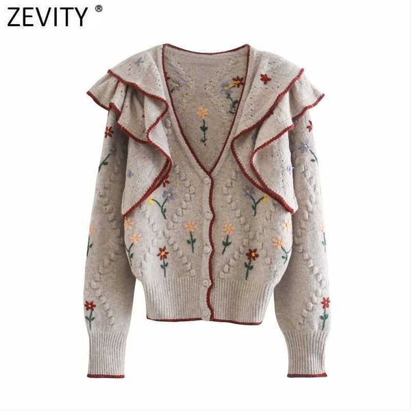 

zevity women fashion v neck flower embroidery appliques cardigan knitting sweater female chic cascading ruffles casual s559 210603, White;black