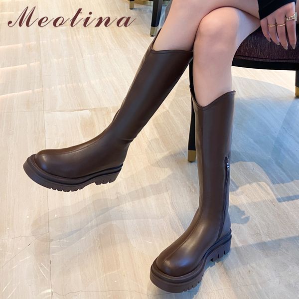 

meotina western boots women platform high heel long boots round toe chunky heels knee high boots ladies winter brown black 33-43 210520