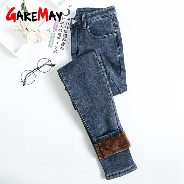 

women's pants winter warm elastic plus size pencil stretch vintage high waist denim jeans womens 210428, Blue