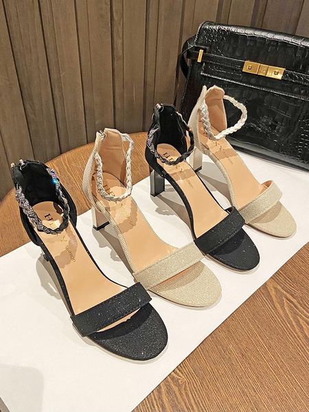 

sandals one word with open toe rhinestone ladies roman style exquisite stiletto 8 cm solid color casual shoes., Black