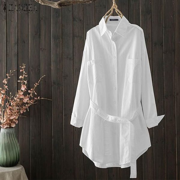 

women's blouses & shirts loose buttons down work blusa zanzea women vintage long shirt summer lapel full sleeve blouse casual belted tu, White