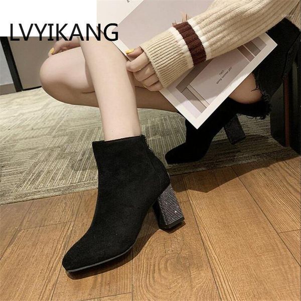 

boots 2021 autumn shoes women ankle suede black slip on casual thick heel fashion comfortable female 35-391