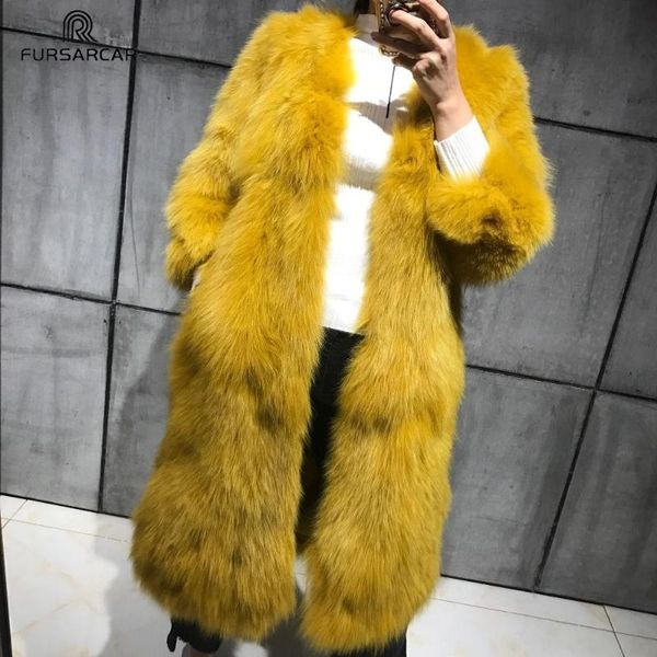 

women's fur & faux fursarcar women solid color real long coat fashion winter jackets female v-neck luxury genuine overcoats, Black