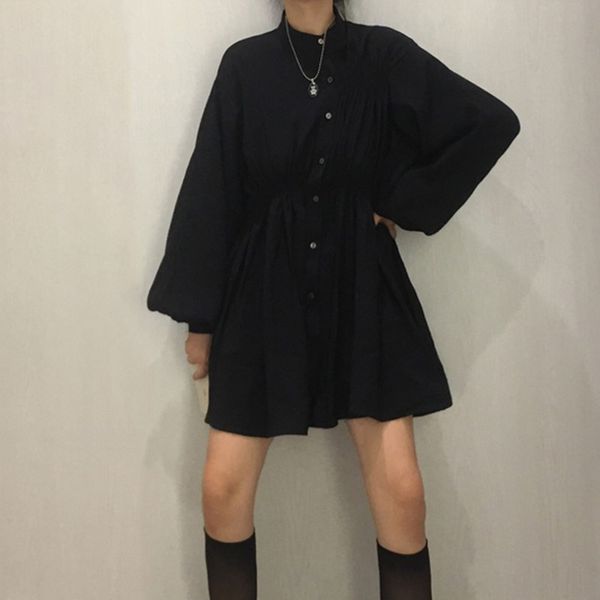 

spring ladies retro black stand collar high waist irregular folds lantern sleeve above knee shirt dress qb470 210510, Black;gray