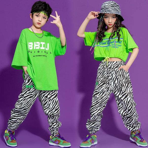 

clothing sets kids ballroom hip hop greentshirt street wear zebra pants for girl boys jazz dance costume dancing show outfits, White