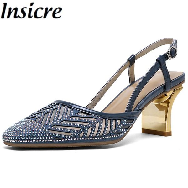 

insicre dark blue women sandals crystal handmade kid suede square toe buckle 2021 summer fashion high heel shoes dress, Black