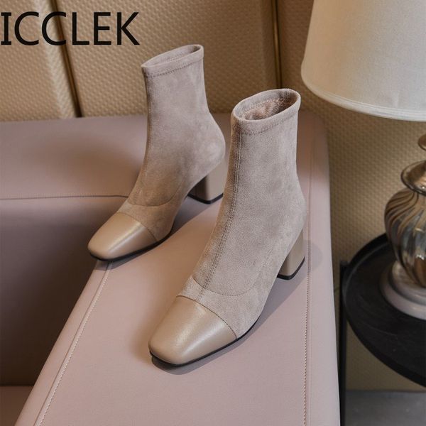 

women ankle boots pumps shoes winter autumn ladies plush warm high heels pu leather fashion square toe short boots female 210428, Black