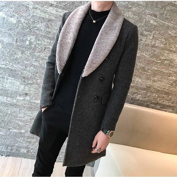 

2021 clothing Men's premium cashmere Double breasted woolen coat/Male slim fit long casual woolen Jackets gray S-2XL, Black