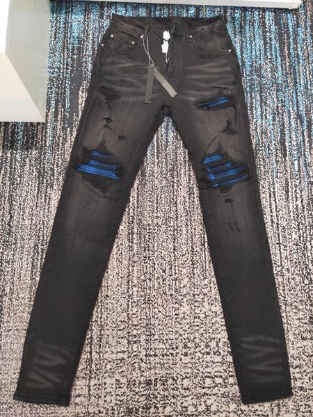 

men's jeans men blue tartan fabric patch distressed skinny black