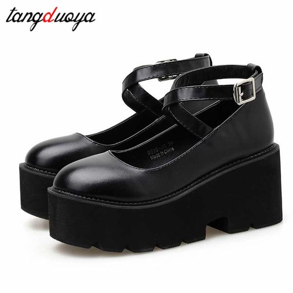 

college student shoes girl lolita jk uniform pu leather platform heels ankle strap womens pumps 2021 spring dress, Black