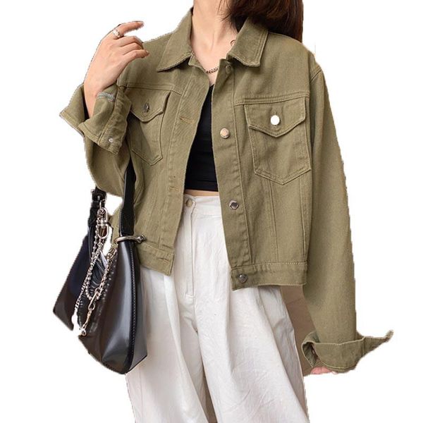 

women's jackets autumn women cropped jacket fashion turn-down collar long sleeve apricot denim chaqueta woman casual wide-waisted black, Black;brown