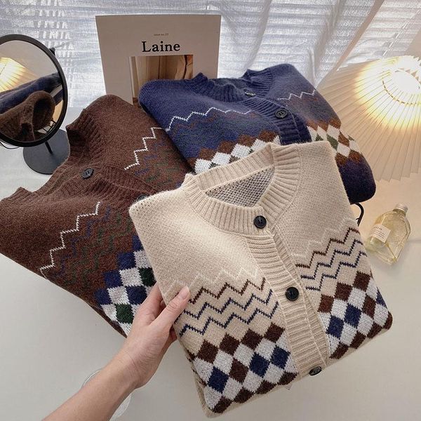 

women's knits & tees knit cardigan woman korean fashion sweaters winter clothes women patchwork long sleeve single-breasted outwear dr, White