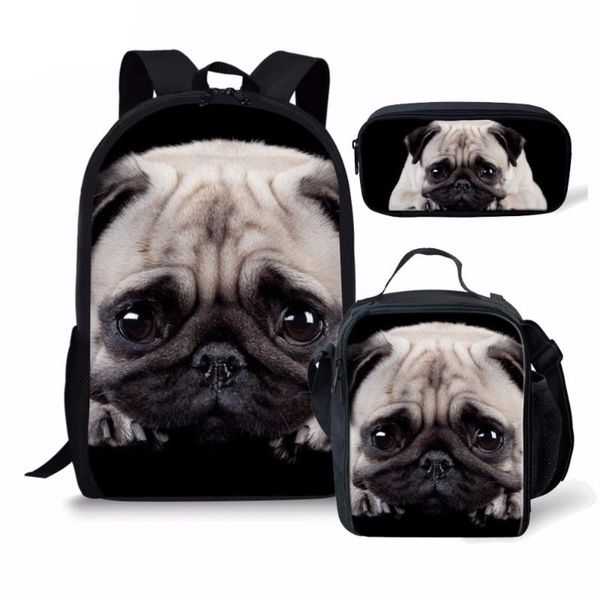 

customzied schoolbags set backpack for girls 3pcs 3d pug dog print children student book bag mochila school bags