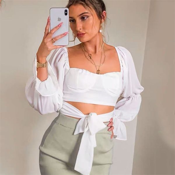 

lace up white crop blouse women long sleeve autumn winter slim vintage shirts backless 210427