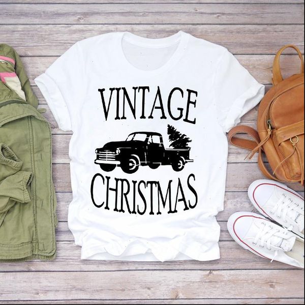 

printing tree vintage winter truck womens kawaii christmas print graphic tee, White