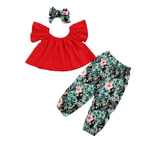 

kids suit set solid color round neck short sleeve + floral print trousers+ headband for summer fall 1-6years clothing sets, White