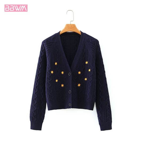 

korean v-neck embroidery twist women's sweater harajuku small fresh loose casual single-breasted chic female sweater 210507, White;black