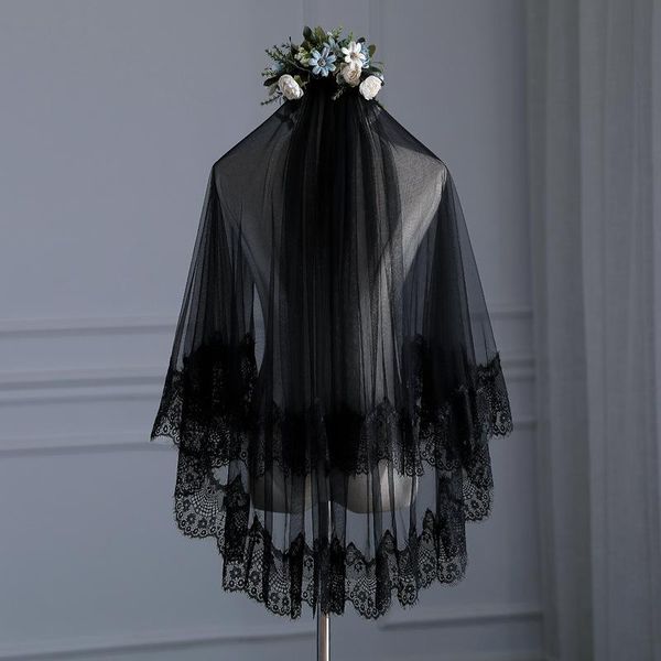 

bridal veils veil black lace double layer modeling cosplay with hair comb