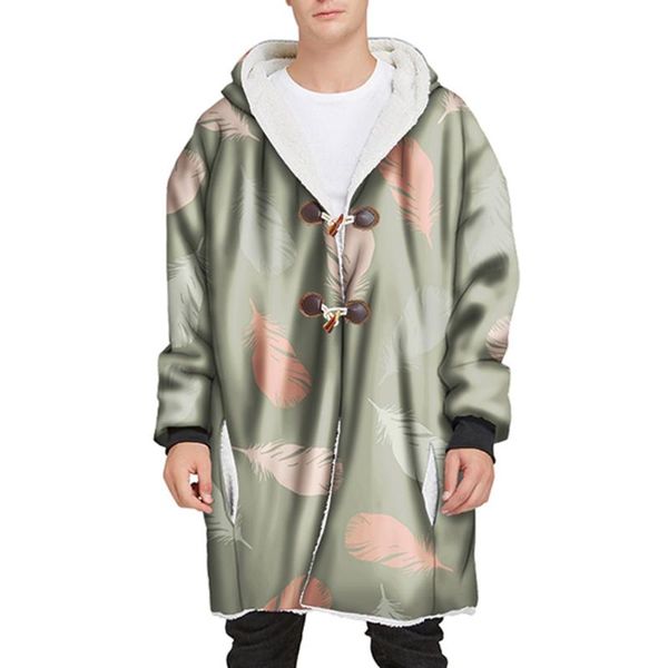 

men's jackets heavy winter jacket for men long hooded horn buckle plus velvet thick 3d printed causal coat chaquetas hombre, Black;brown