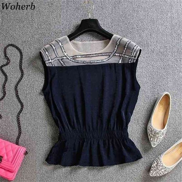 

summer sequined patchwork chiffon blouse women sleeveless mesh see through slim waist casual shirt ruffle blouses 210519, White