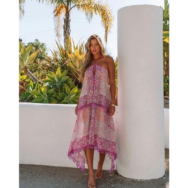 

casual dresses beach dress women summer fashion print spaghetti strap lace up long irregular hem tassel lugentolo, Black;gray