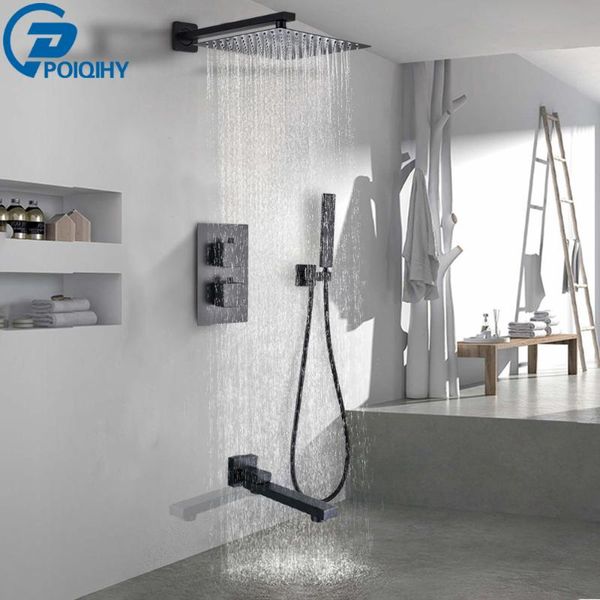 

thermostatic shower set concealed bath faucet wall mounted black rainfall mixer tap swivel spout 2 handles bathroom sets