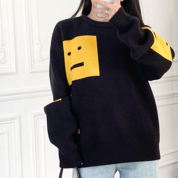 

sweden yellow big smiley pullovers wool sweaters men and women acne thick knitted sweater autumn and winter casual round neck loose coat, Black