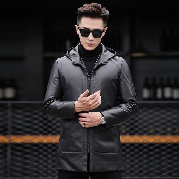 

men's leather & faux genuine jacket men winter warm jackets mens hooded real sheepskin coat duck down coats jaqueta couro 89910 yy368, Black
