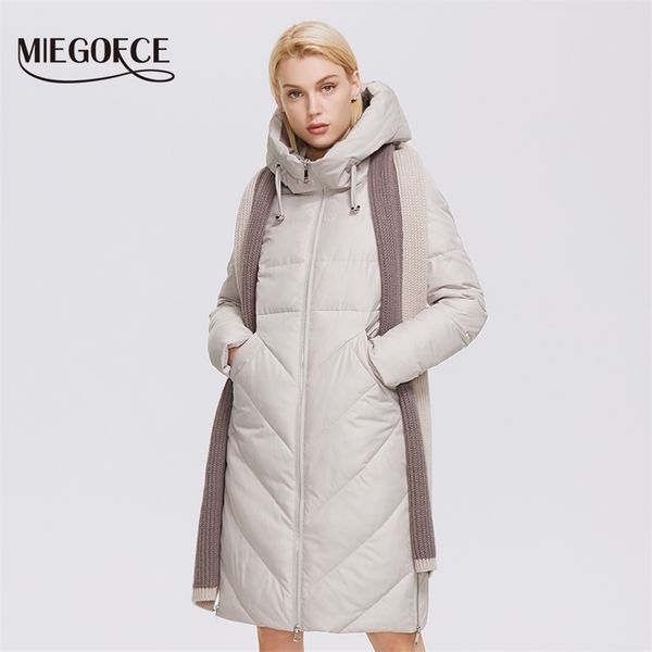 

miegofce designer winter jacket women long fashion coat polyester fiber with scarf parka ladies d21601 211013, Black