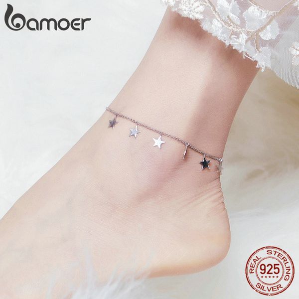 

bamoer bright stars chain silver anklets for women sterling silver 925 fashion leg jewelry bracelet for foot 2021 summer sct008, Red;blue
