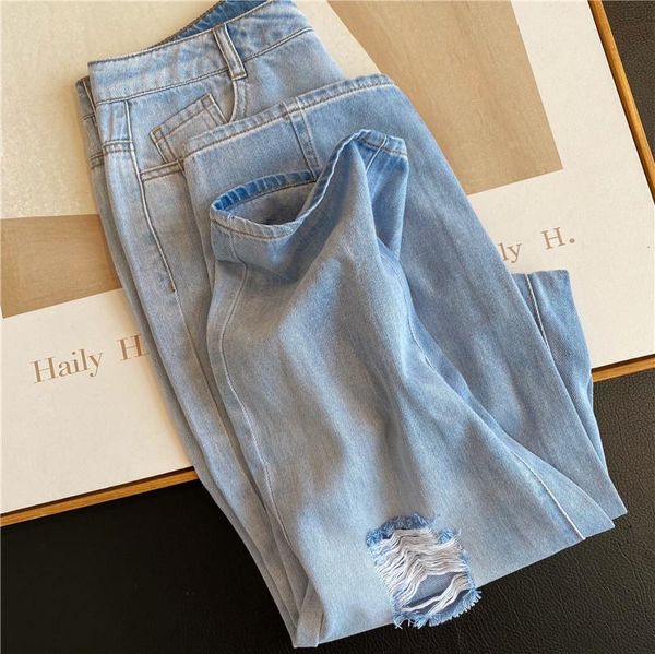 

women's jeans fashionable look thin, all-match super soft thin comfortable cotton hole, high waist straight tube, nine cent jeans, dadd, Blue