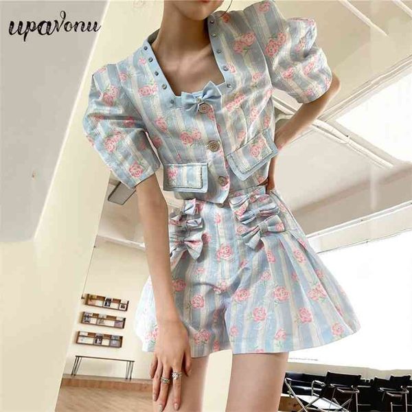 

summer women printed wide leg shorts set puff sleeve single-breasted diamond short & two-piece 210524, White