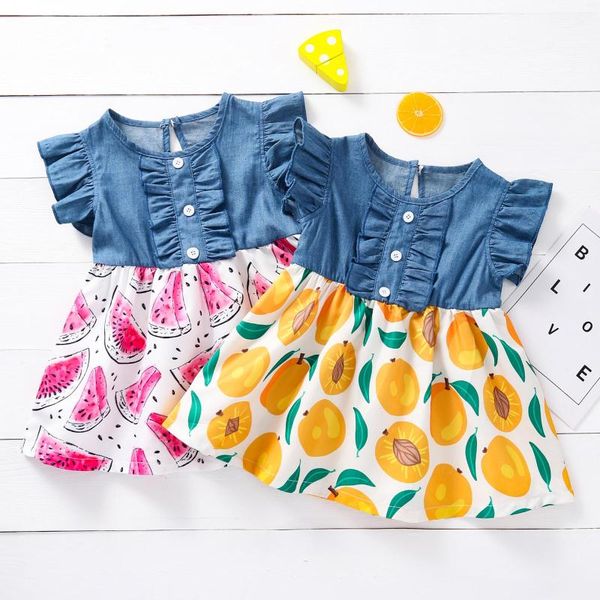 

girl's dresses baby clothes toddler girls ruffles denim splice lemon watermelon printed princess dress girl, Red;yellow