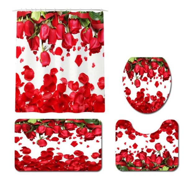 

rose petal blinds shower curtain sets,toilet lid cover and bath mat with non-slip rugs, polyester durable waterproof curt curtains