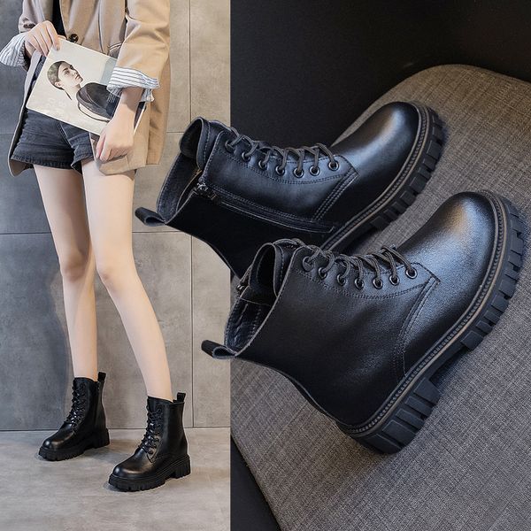

2021 autumn leather martin boots thick bottom inner increase korean lace up casual side zipper women's boots, Black