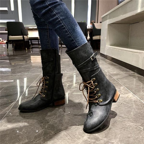 

women boots shoes for woman lace up and buckle fashion round toe zip 3cm heel basic botas mujer size 35-43, Black