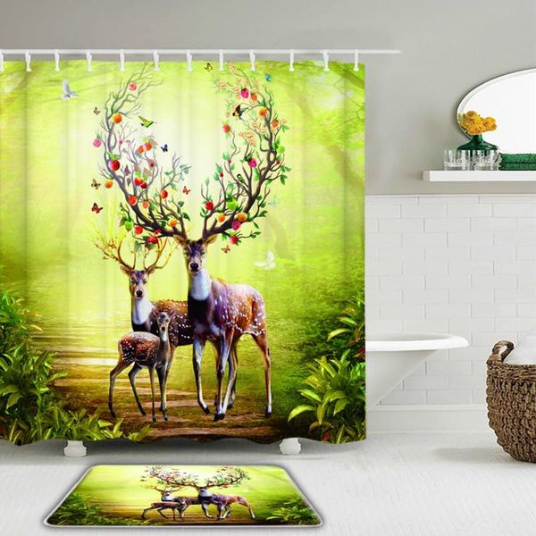 

shower curtains 2pcs/set 3d print forest elk deer curtain set bathroom waterproof fabric+non-slip bath mat rug toilet home decor